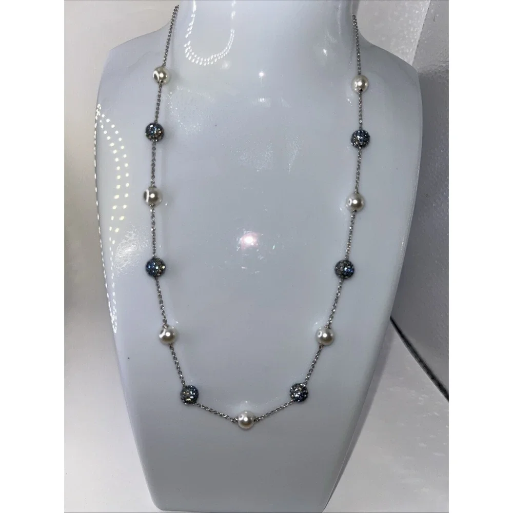 Silver-Tone Station Necklace with Faux Pearls & Blue Pavé Crystal Beads Polished